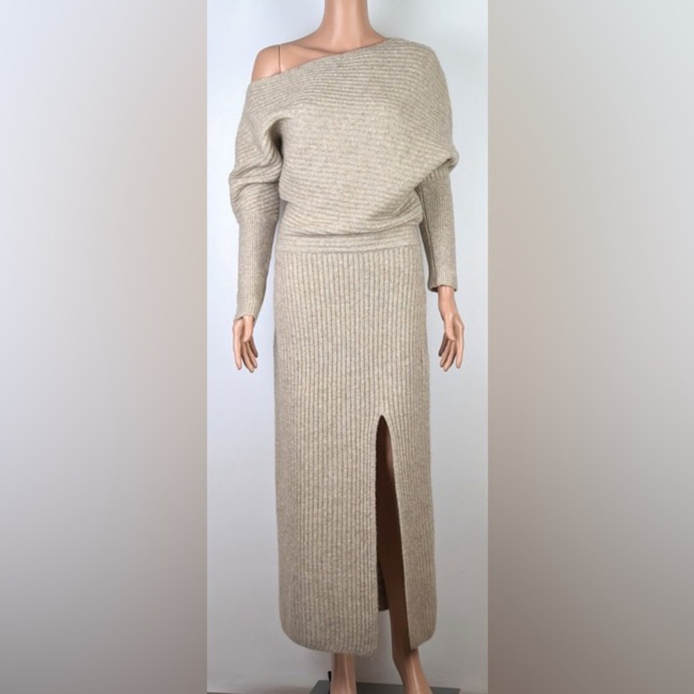Beige Off-Shoulder Knit Sweater Dress